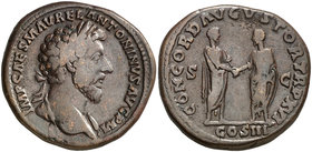 (161 d.C.). Marco Aurelio. Sestercio. (Spink 4962 var) (C. 51) (RIC. 827). 24,49 g. Ex Colección Manuela Etcheverría. MBC.