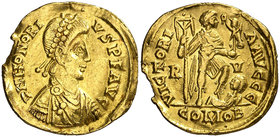 (408-423 d.C.). Honorio. Ravenna. Sólido. (Spink 20919) (Co. 44) (RIC. 1287). 4,22 g. Muesca en borde. Alabeada. (MBC).