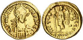 Zenón (474-491). Constantinopla. Sólido. (Spink 21514) (Ratto 279) (RIC. 910). 4,31 g. Sirvió como joya. (BC+).