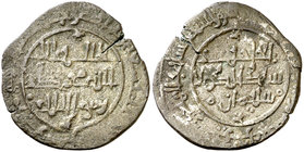 AH 489. Taifa de Dénia y Tortosa. Suleiman. Tortosa. Dirhem. (V. 1349) (Prieto 302g) (Cru.C.G. 1547). 3,81 g. Grieta radial. Rarísima. (MBC-)