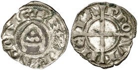 Comtat de Provença. Alfons I (1162-1196). Provença. Diner de la mitra. (Cru.V.S. 168) (Cru.Occitània 94) (Cru.C.G. 2102). 0,75 g. MBC.