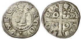 Jaume II (1291-1327). Barcelona. Diner. (Cru.V.S. 348) (Cru.C.G. 2162). 0,92 g. Letras A y U latinas. La primera A del reverso con travesaño. MBC.