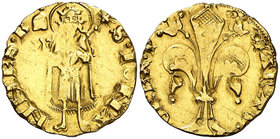 Pere III (1336-1387). Perpinyà. Florí. (Cru.V.S. 386) (Cru.C.G. 2205). 3,46 g. Marca: Yelmo. Sirvió como joya. (MBC+).
