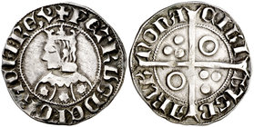 Pere III (1336-1387). Barcelona. Croat. (Cru.V.S. 403.1) (Cru.C.G. 2220i). 3,12 g. Flores de seis pétalos en el vestido. Letras A y U góticas, T latin...