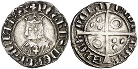 Pere III (1336-1387). Barcelona. Croat. (Cru.V.S. 408.3) (Cru.C.G. 2223i). 3,24 g. Flores de 5 pétalos y cruz en el vestido. T gótica en anverso y lat...