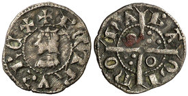 Pere III (1336-1387). Barcelona. Òbol. (Cru.V.S. 417.1 var) (Cru.C.G. 2239 var). 0,35 g. Letras A y U latinas, y la S muy curiosa. Oxidación en revers...