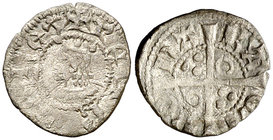 Pere III (1336-1387). Barcelona. Òbol. (Cru.V.S. como el diner 427 var) (Cru.C.G. como el diner 2237 var). 0,58 g. Letras A y U latinas. MBC/MBC+.