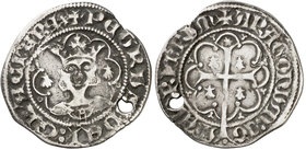 Pere III (1336-1387). Mallorca. Mig ral. (Cru.V.S. 451) (Cru.C.G. 2263). 1,68 g. Tréboles en la orla del reverso. Perforación. Ex ANE 25/06/1987, nº 8...