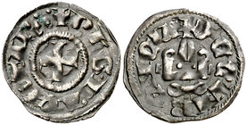Oriente latino. Felipe de Taranto (1306-1313). Principado de Acaia. Dinero tornés. (CCS. 28). 0,76 g. MBC.