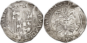 Reyes Católicos. Granada. 2 reales. (Cal. falta). 6,81 g. Escudo inferior de Sicilia sin aspas. Raya en anverso. Rara. MBC-.