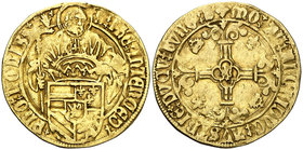 s/d. Carlos I. Amberes. 1 florín de oro. (Vti. 592) (Vanhoudt 200.AN). 3,23 g. Rara. MBC-.