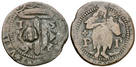 1598. Felipe II. Perpinyà. Doble sou. (Cal. 839) (Cru.C.G. 3806a). 3,20 g. Contramarca: cabeza de San Juan. MBC-.
