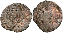 s/d. Felipe II. Puigcerdà. 1 ardit. (Cal. 843) (Cru.C.G. 3829b). 0,94 g. Contramarca P. Escasa. MBC.