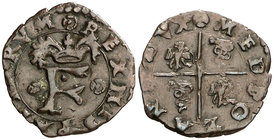 s/d. Felipe II. Milán. 1 quattrino o terlina. (Vti. 4) (MIR. 335). 0,75 g. Escasa. MBC.