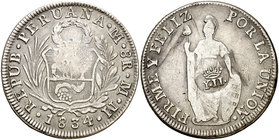 Resello en reverso sobre 8 reales de Perú, Lima, MM de 1834. (Kr. 138.2). 26,17 g. AG. MBC-.