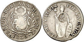 (Kr. 138.2). 26,79 g. AG. Resello en reverso sobre 8 reales de Perú, Lima, MT de 1835. MBC-.