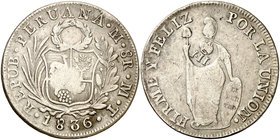 Resello en reverso sobre 8 reales de Perú, Lima, MT de 1836. (Kr. 138.2). 25,89 g. AG. MBC.