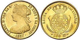 1857. Isabel II. Sevilla. 100 reales. (Cal. 35). 8,35 g. Parte de brillo original. EBC-.