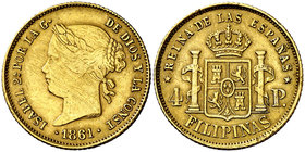1861. Isabel II. Manila. 4 pesos. (Cal. 125). 6,77 g. Rayitas. MBC-/MBC.