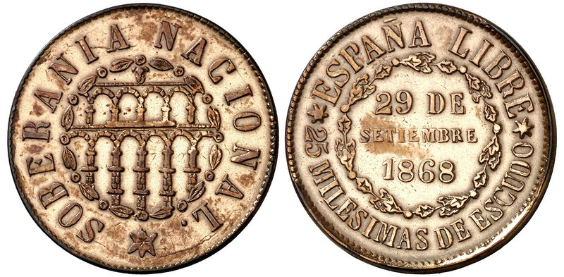 1868. Gobierno Provisional. Segovia. 25 milésimas de escudo. (Cal. 23). 6,31 g. ...