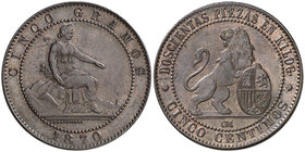 1870. Gobierno Provisional. Barcelona. . 5 céntimos. (Cal. 25). 5,05 g. EBC-/EBC.