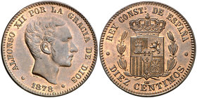 1878. Alfonso XII. Barcelona. . 10 céntimos. (Cal. 68). 10 g. Bella. Parte de brillo original. Escasa así. EBC+.