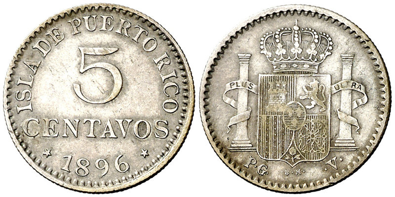 1896. Alfonso XIII. Puerto Rico. PGV. 5 centavos. (Cal. 86). 1,28 g. MBC.