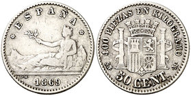 1869*69. Gobierno Provisional. SNM. 50 céntimos. (Cal. 18). 2,45 g. Ex Colección Manuela Etcheverría. BC+/MBC-.