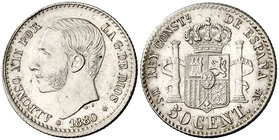 1880*80. Alfonso XII. MSM. 50 céntimos. (Cal. 63). 2,56 g. Bella. Brillo original. Ex Colección Manuela Etcheverría. S/C-.