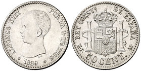 1889*89. Alfonso XIII. MPM. 50 céntimos. (Cal. 54). 2,56 g. Ex Colección Manuela Etcheverría. EBC.