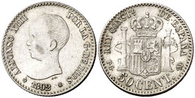 1892*92. Alfonso XIII. PGM. 50 céntimos. (Cal. 55). 2,54 g. Bella. S/C-.