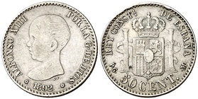 1892*22. Alfonso XIII. PGM. 50 céntimos. (Cal. 56). 2,46 g. Rara. MBC.