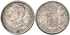 1910*10. Alfonso XIII. PCV. 50 céntimos. (Cal. 63). 2,50 g. Bella. Brillo original. S/C.