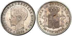 1896. Alfonso XIII. Puerto Rico. PGV. 10 centavos. (Cal. 85). 2,50 g. Escasa así. EBC-.