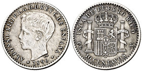 1896. Alfonso XIII. Puerto Rico. PGV. 10 centavos. (Cal. 85). 2,50 g. Ex Áureo & Calicó 16/10/2018, nº 3601. MBC.