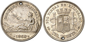 1869. Gobierno Provisional. SNM. 1 peseta. (Cal. 14). 4,99 g. GOBIERNO PROVISIONAL. Perforación. Brillo original. (EBC+).
