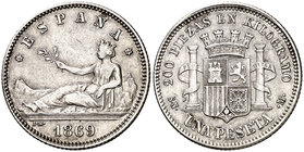 1869*1869. Gobierno Provisional. SNM. 1 peseta. (Cal. 15). 4,94 g. ESPAÑA. Buen ejemplar. Rara. MBC/MBC+.