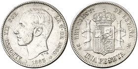 1883*--83. Alfonso XII. MSM. 1 peseta. (Cal. 59). 4,92 g. Leves marquitas. Ex Colección Manuela Etcheverría. MBC+/EBC-.
