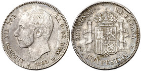 1885*1886. Alfonso XII. MSM. 1 peseta. (Cal. 62). 4,90 g. Bonita pátina. Rara. MBC+.