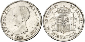1891*1891. Alfonso XIII. PGM. 1 peseta. (Cal. 38). 4,95 g. Escasa. MBC/MBC+.