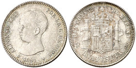 1891*1891. Alfonso XIII. PGM. 1 peseta. (Cal. 38). 4,97 g. Leve rayita en anverso. Bella pátina. EBC/EBC+.