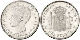 1896*1896. Alfonso XIII. PGV. 1 peseta. (Cal. 41). 4,90 g. Bella. Ex Colección Manuela Etcheverría. EBC+.