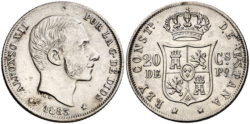 1883. Alfonso XII. Manila. 20 centavos. (Cal. 90). 5,15 g. Leves marquitas pero ...