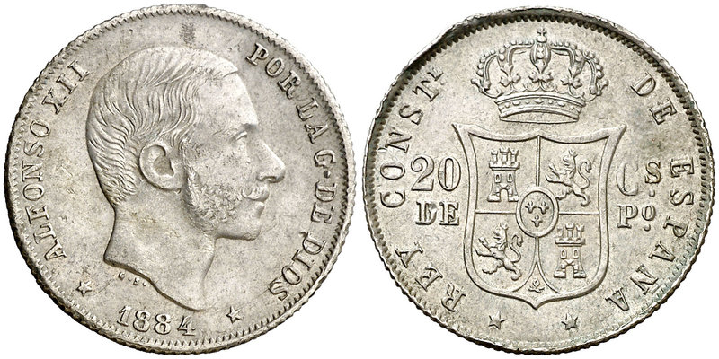 1884. Alfonso XII. Manila. 20 centavos. (Cal. 91). 5,14 g. Exceso de metal en ca...