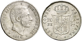 1884. Alfonso XII. Manila. 20 centavos. (Cal. 91). 5,14 g. Exceso de metal en canto. Bella. Parte de brillo original. Muy escasa así. EBC-/EBC.