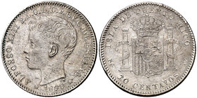 1895. Alfonso XIII. Puerto Rico. PGV. 20 centavos. (Cal. 84). 4,98 g. Leves golpecitos. Escasa. MBC+.