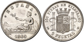 1869*1869. Gobierno Provisional. SNM. 2 pesetas. (Cal. 5). 10 g. Limpiada. Buen ejemplar. MBC+/EBC-.