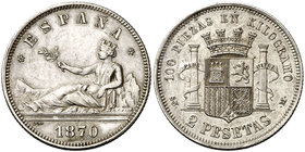 1870*1870. Gobierno Provisional. SNM. 2 pesetas. (Cal. 6). 9,93 g. Buen ejemplar. Ex Colección Manuela Etcheverría. MBC+.