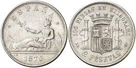 1870*1873. Gobierno Provisional DEM. 2 pesetas. (Cal. 9). 9,91 g. Ex Colección Manuela Etcheverría. MBC/MBC-.