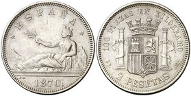 1870*1874. Gobierno Provisional. DEM. 2 pesetas. (Cal. 10). 9,99 g. Atractiva. Ex Colección Manuela Etcheverría. MBC+.